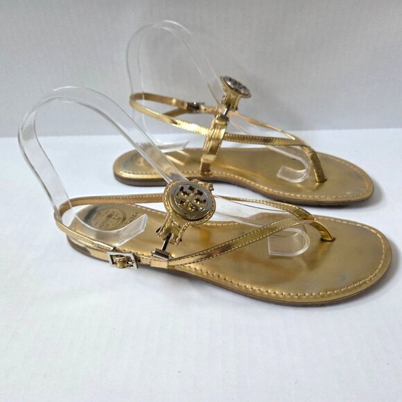 Tory Burch Ali Sandals Womens 8.5 Metallic Gold Leather Ankle Strap Thongs - Picture 6 of 10